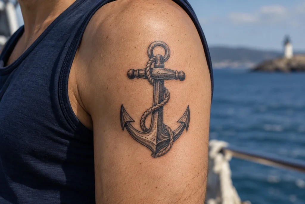 Ancre noire et grise avec corde sur le haut d’un bras.