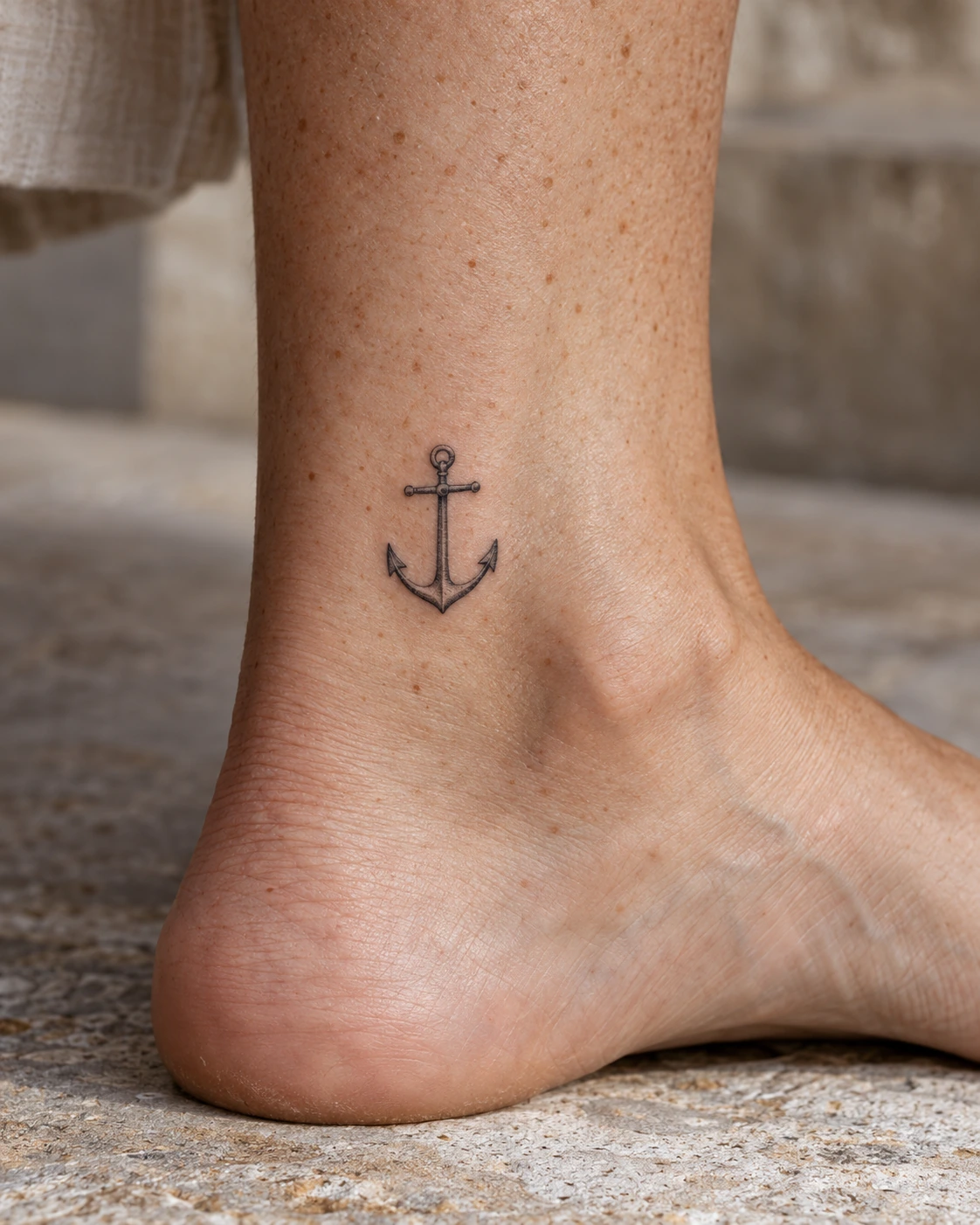 Tatouage ancre : stabilité, attachement et références marines | TATOUEZ Petite ancre en lignes fines près d’une cheville.