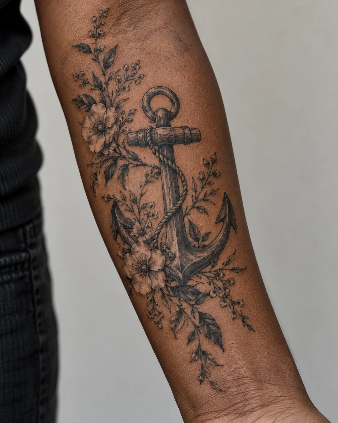 Tatouage ancre : stabilité, attachement et références marines | TATOUEZ Ancre noire et grise entourée de fleurs sur un avant-bras.