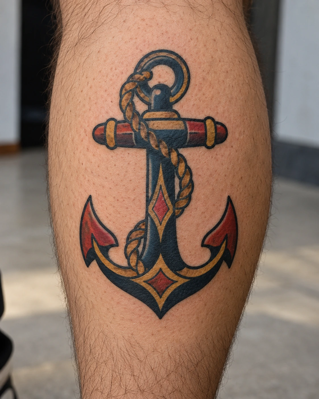 Tatouage ancre : stabilité, attachement et références marines | TATOUEZ Ancre old school noire, rouge et ocre sur un mollet.