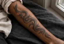 Tatouage serpent : significations, styles et idées pour ton projet Serpent noir et gris accompagné de feuillage sur un avant-bras à peau brune, posé près d’une fenêtre.