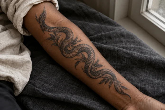 Serpent noir et gris sur avant-bras, concept éditorial Serpent noir et gris accompagné de feuillage sur un avant-bras à peau brune, posé près d’une fenêtre.