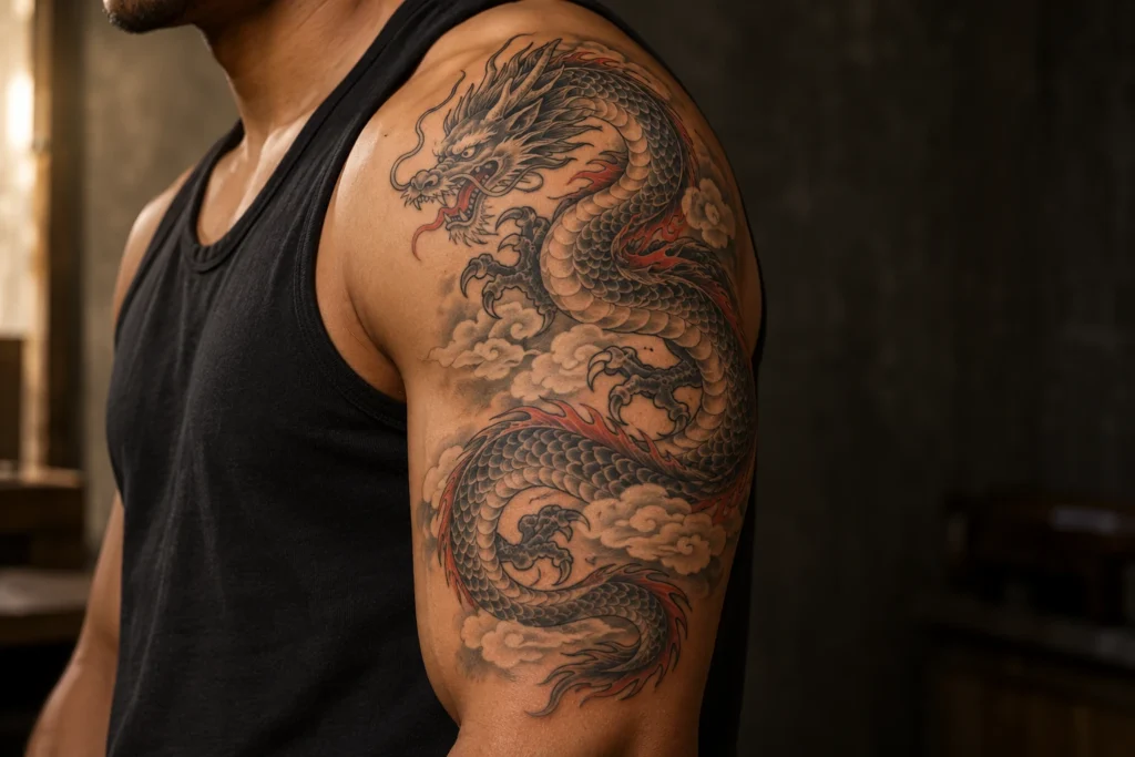 Explorer les tatouages | TATOUEZ Dragon noir et gris avec accents rouges et nuages sur le haut d’un bras.