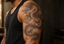 Tatouage dragon : quelle signification selon le dessin et la tradition ? Dragon noir et gris avec accents rouges et nuages sur le haut d’un bras.