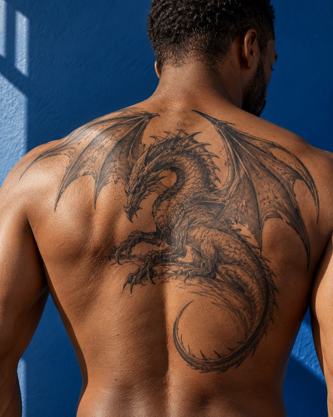 Tatouage dragon : quelle signification selon le dessin et la tradition ? | TATOUEZ Dragon européen noir et gris aux ailes membraneuses ouvertes sur le haut du dos.