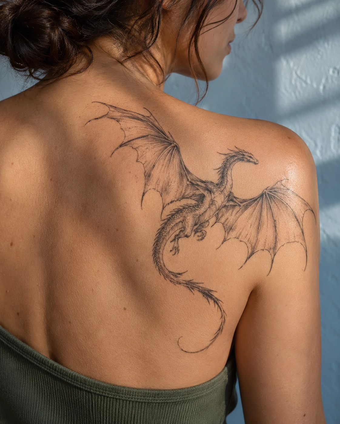 Tatouage dragon : quelle signification selon le dessin et la tradition ? | TATOUEZ Dragon ailé dessiné en lignes fines sur une omoplate.