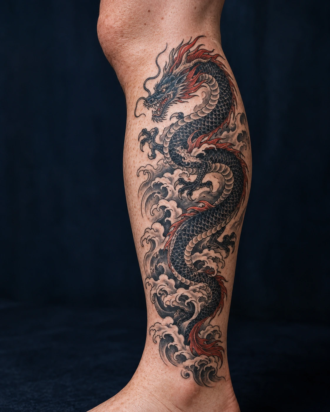 Dragon sombre à crête rouge au-dessus de vagues sur un mollet.