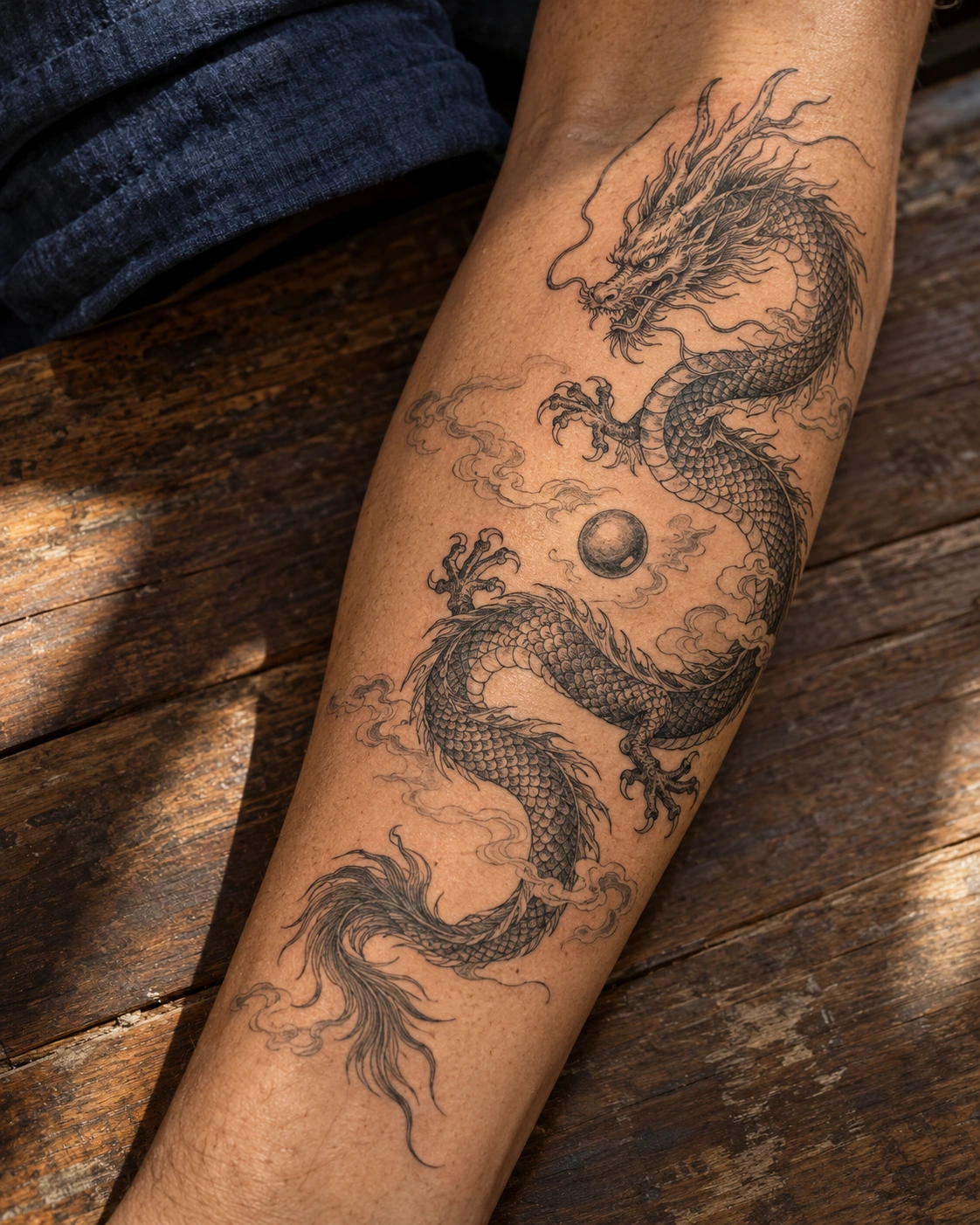 Tatouage dragon : quelle signification selon le dessin et la tradition ? | TATOUEZ Dragon noir et gris enroulé autour d’une petite perle sur un avant-bras.