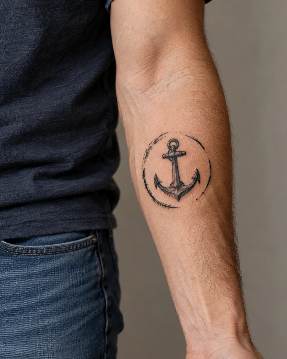 Tatouage ancre : stabilité, attachement et références marines | TATOUEZ Ancre noire inscrite dans un cercle ouvert sur un avant-bras.