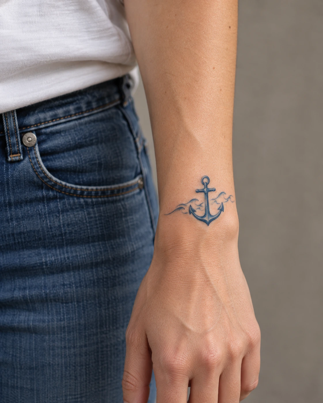 Tatouage ancre : stabilité, attachement et références marines | TATOUEZ Ancre bleue avec petites vagues sur un poignet.