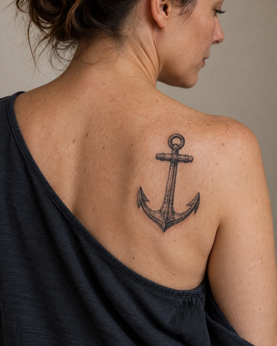 Tatouage ancre : stabilité, attachement et références marines | TATOUEZ Ancre gravée sans corde sur une omoplate.