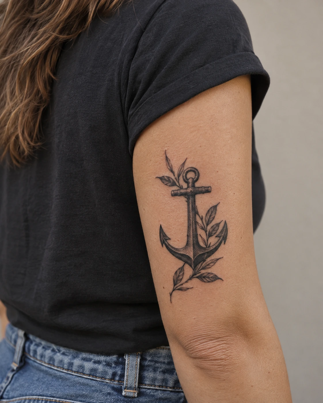 Tatouage ancre : stabilité, attachement et références marines | TATOUEZ Ancre noire accompagnée de feuillage sur le triceps.