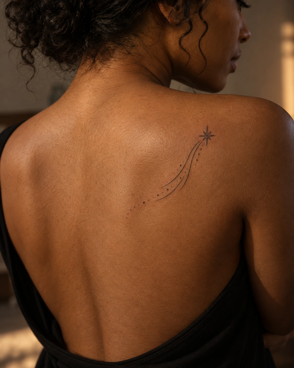 Tatouage étoile : repère, souvenir ou vœu, choisir le bon motif | TATOUEZ Étoile filante et traînée courbe sur une omoplate.