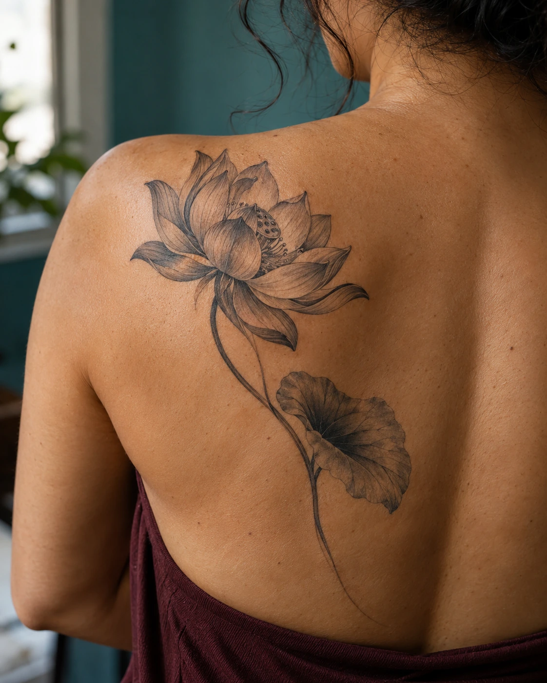 Tatouage fleur de lotus : signification, couleurs et compositions | TATOUEZ Lotus noir et gris de trois quarts, avec une tige courbe et une feuille, sur une omoplate.
