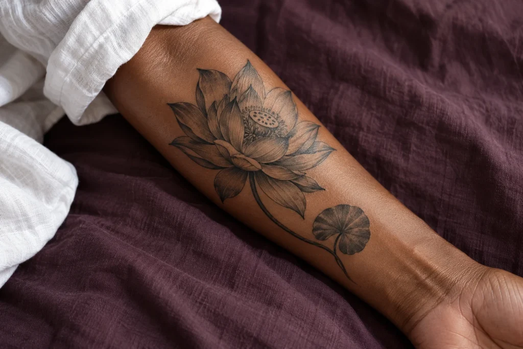 Explorer les tatouages | TATOUEZ Lotus noir et gris, tige courbe et feuille ronde sur un avant-bras à peau brune.