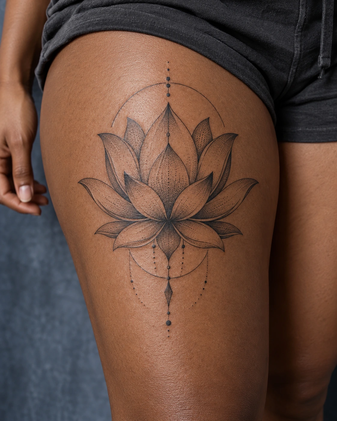 Tatouage fleur de lotus : signification, couleurs et compositions | TATOUEZ Lotus noir en pointillés accompagné d’arcs fins sur une cuisse.
