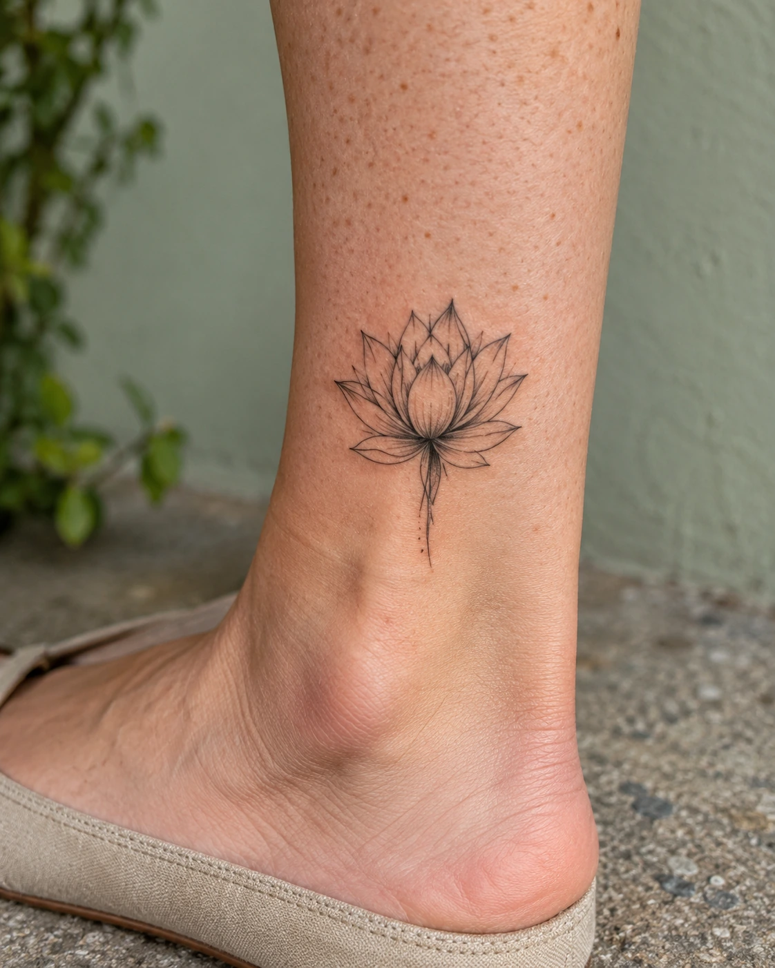 Tatouage fleur de lotus : signification, couleurs et compositions | TATOUEZ Fleur de lotus en lignes fines avec une courte tige près d’une cheville.