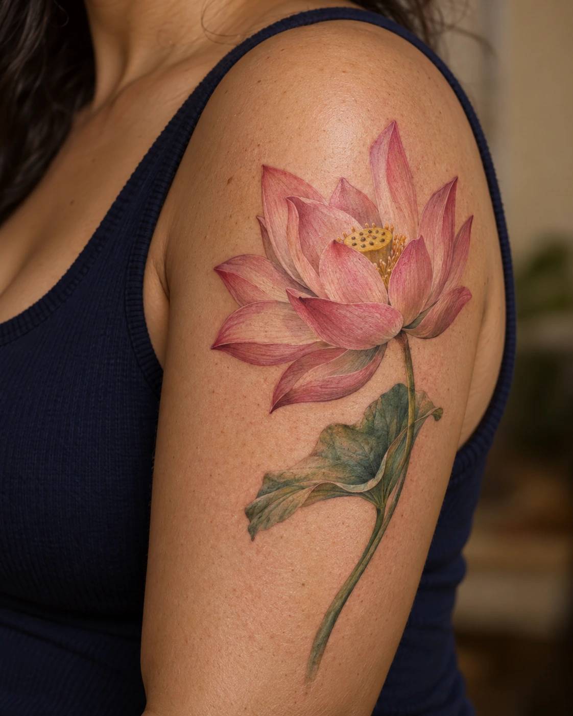 Tatouage fleur de lotus : signification, couleurs et compositions | TATOUEZ Fleur de lotus rose avec centre jaune et feuille verte sur le haut d’un bras.