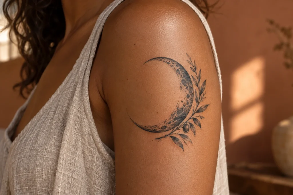 Croissant de lune texturé et branche d’olivier sur une épaule à peau brune.