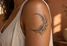 Tatouage lune : phases, significations et idées pour ton projet Croissant de lune texturé et branche d’olivier sur une épaule à peau brune.