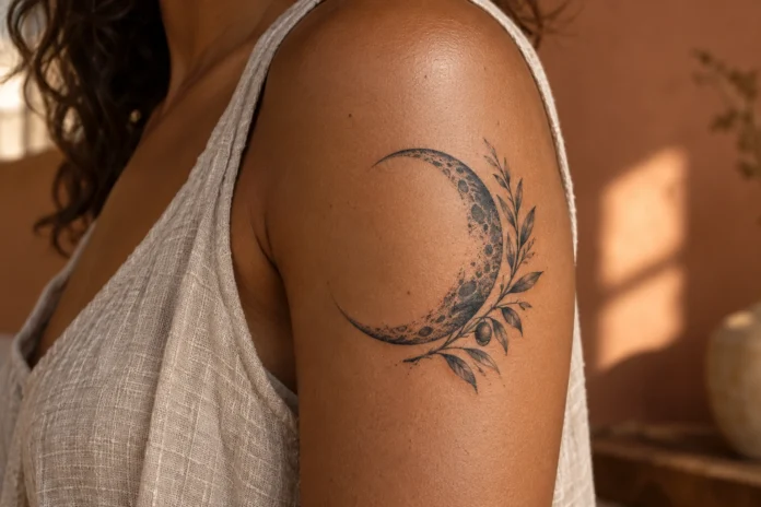 Croissant de lune texturé et branche d’olivier sur une épaule à peau brune Croissant de lune texturé et branche d’olivier sur une épaule à peau brune.