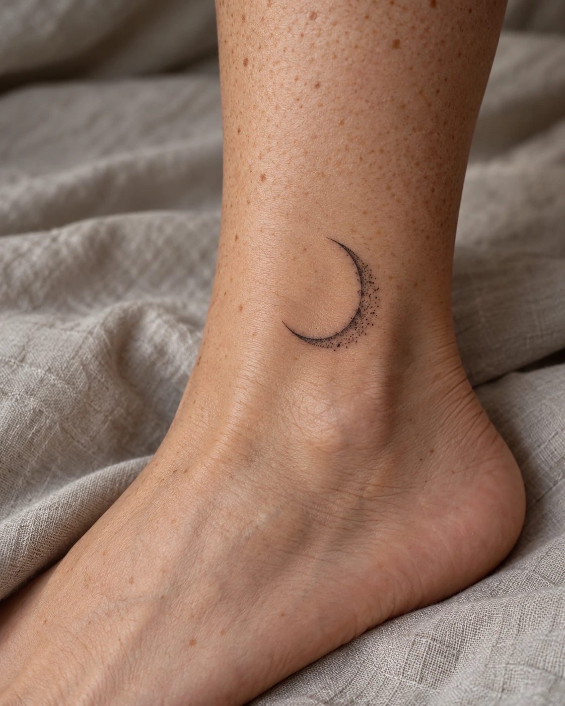 Tatouage lune : phases, significations et idées pour ton projet | TATOUEZ Petit croissant de lune noir en lignes fines près d’une cheville.