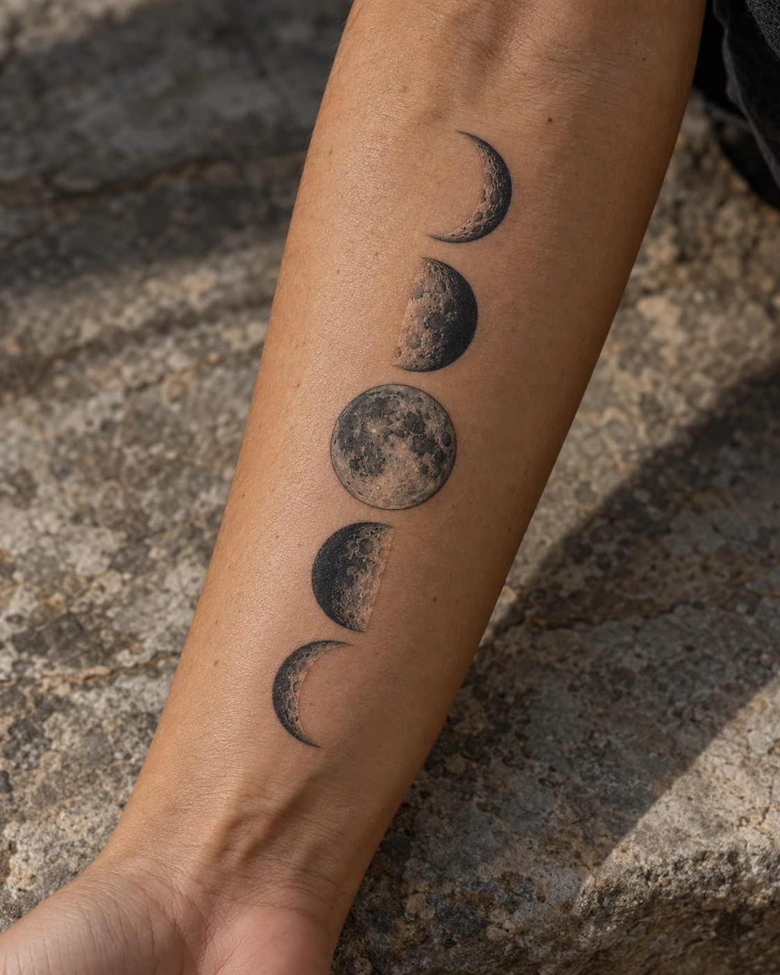 Tatouage lune : phases, significations et idées pour ton projet | TATOUEZ Suite de cinq phases lunaires en noir et gris le long d’un avant-bras.