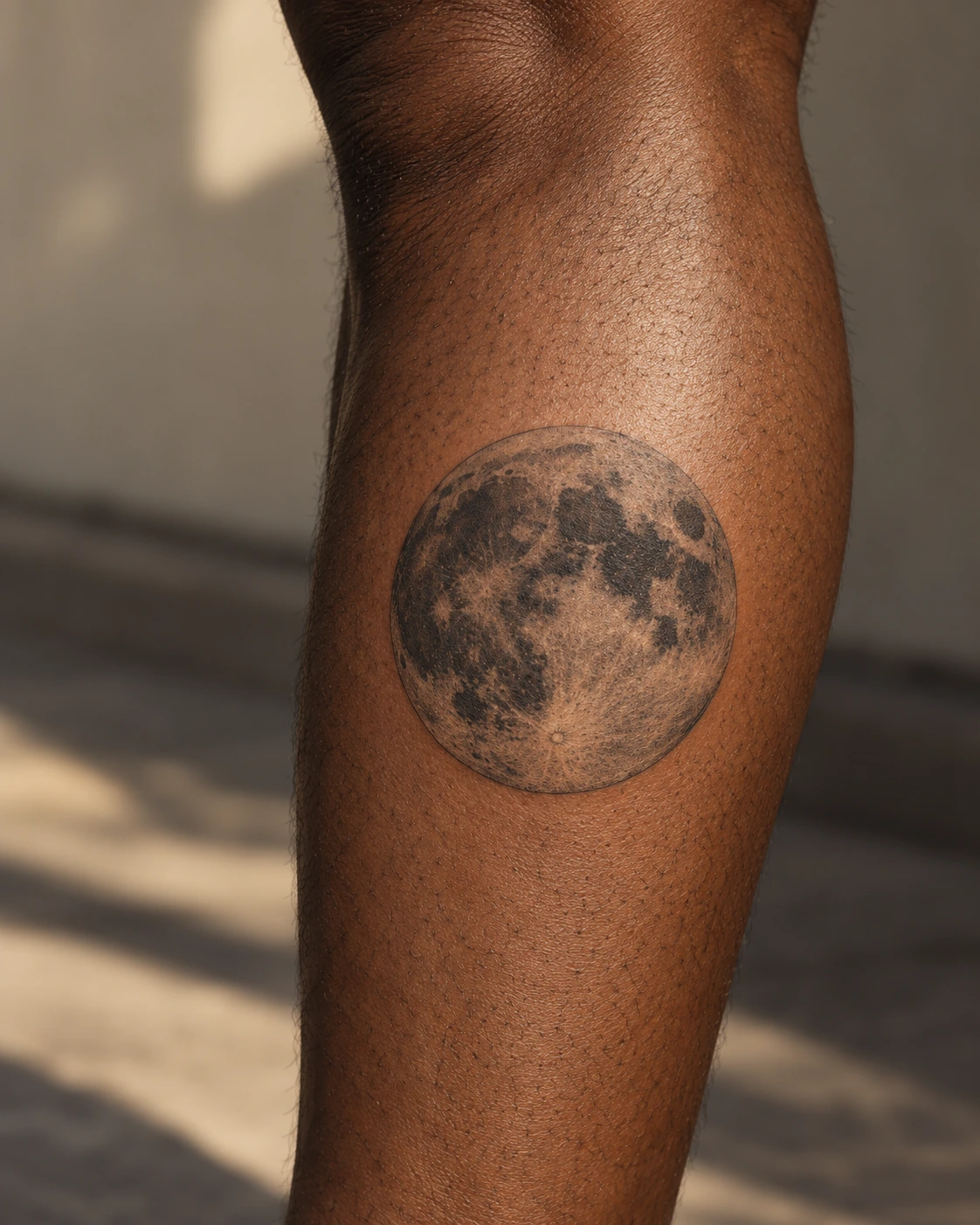 Tatouage lune : phases, significations et idées pour ton projet | TATOUEZ Pleine lune en pointillés avec des cratères visibles sur un mollet.