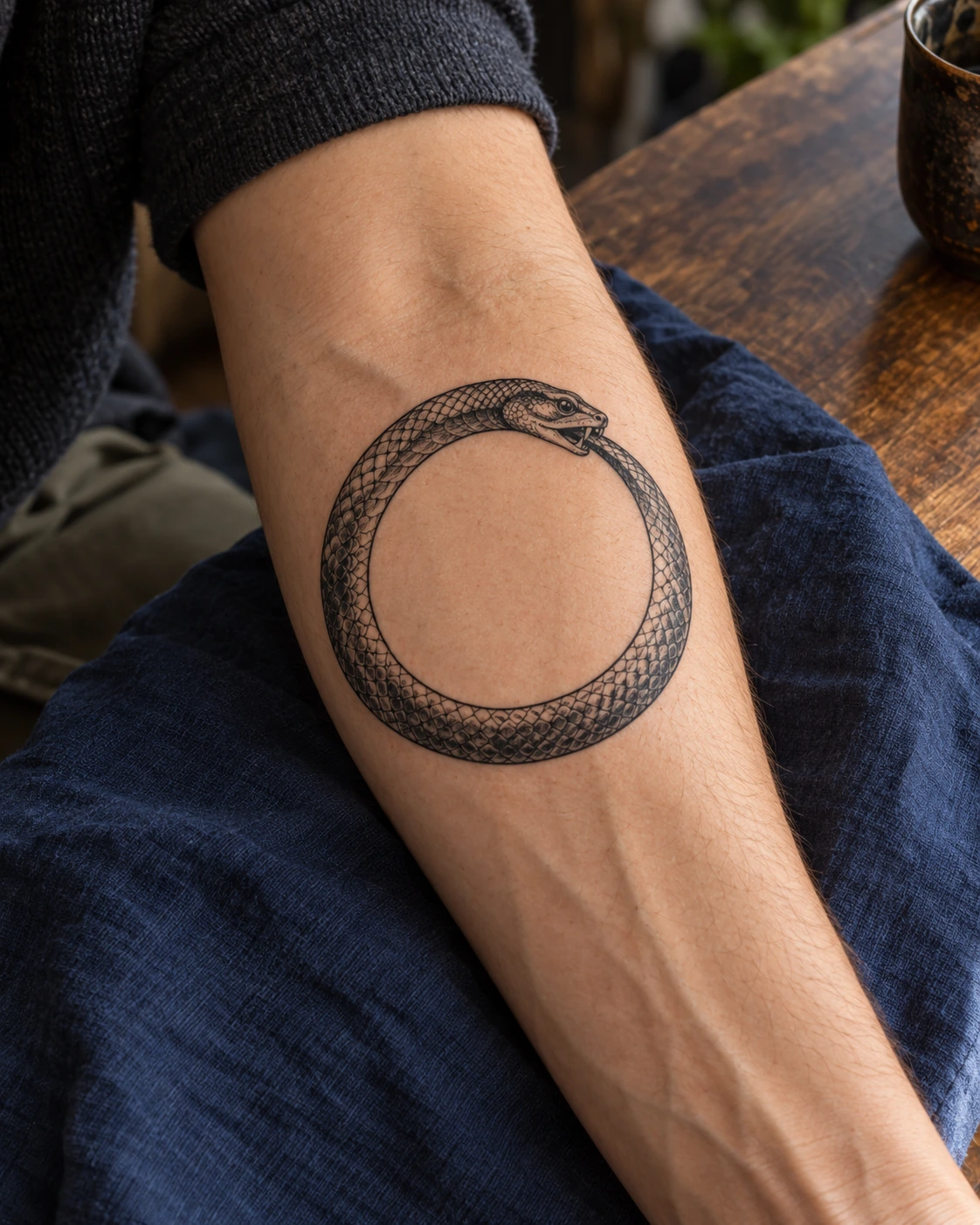 Tatouage serpent : significations, styles et idées pour ton projet | TATOUEZ Serpent noir et gris formant un cercle sur un avant-bras, la bouche refermée sur sa propre queue.
