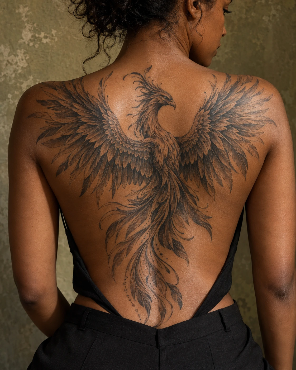 Tatouage phénix : renaissance, mouvement et idées de composition | TATOUEZ Grand phénix noir et gris aux ailes déployées sur un dos.