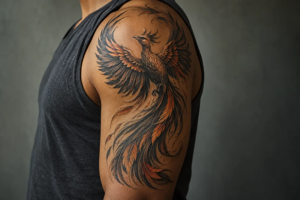 Explorer les tatouages | TATOUEZ Phénix noir et cuivre aux ailes montantes sur le haut d’un bras.