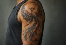 Tatouage phénix : renaissance, mouvement et idées de composition Phénix noir et cuivre aux ailes montantes sur le haut d’un bras.