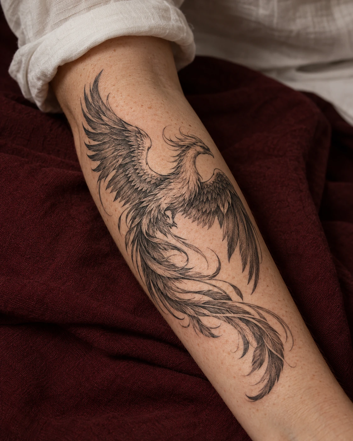 Tatouage phénix : renaissance, mouvement et idées de composition | TATOUEZ Phénix noir et gris aux plumes hachurées, en courbe sur un avant-bras.