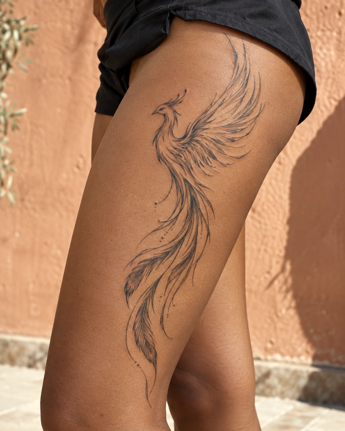 Tatouage phénix : renaissance, mouvement et idées de composition | TATOUEZ Phénix aux lignes aérées et à la longue queue sur une cuisse.