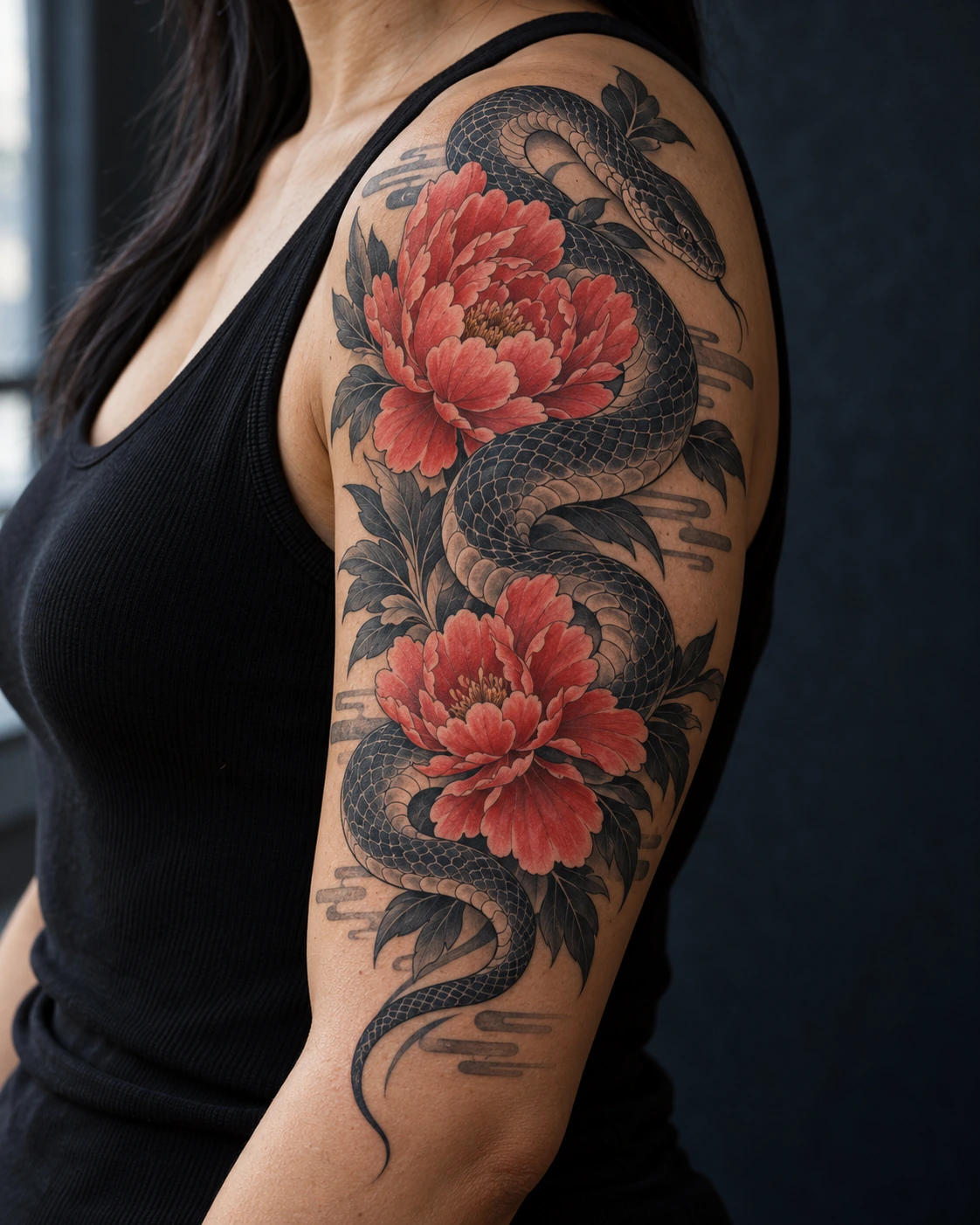 Tatouage serpent : significations, styles et idées pour ton projet | TATOUEZ Serpent noir et gris ondulant entre deux pivoines corail dans une grande composition sur le haut du bras.
