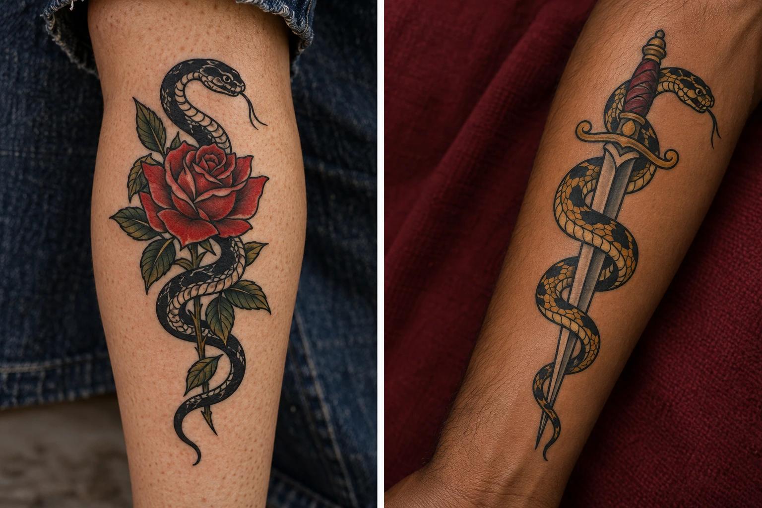 Tatouage serpent : significations, styles et idées pour ton projet | TATOUEZ Diptyque : serpent noir avec rose rouge sur un mollet à gauche, serpent ocre enroulé autour d’un poignard sur un avant-bras à droite.