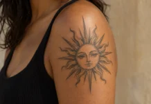 Tatouage soleil : signification du lever, des rayons et du duo avec la lune Soleil aux rayons alternés en noir et gris sur une épaule.