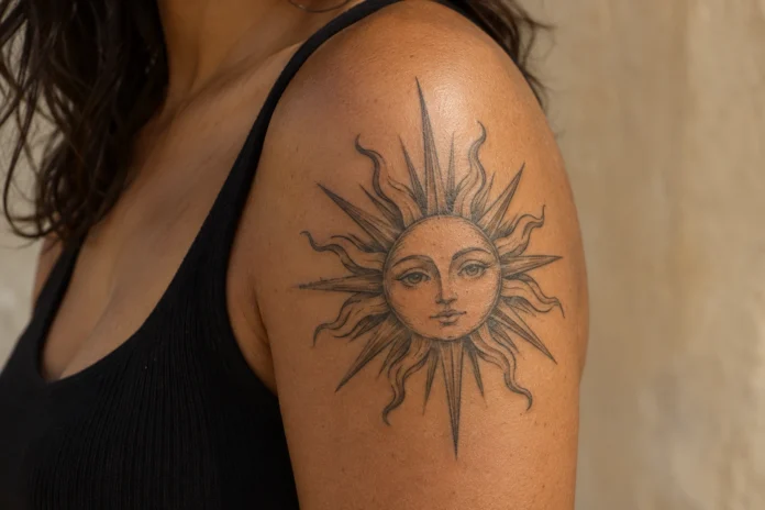 Soleil aux rayons alternés en noir et gris sur une épaule Soleil aux rayons alternés en noir et gris sur une épaule.