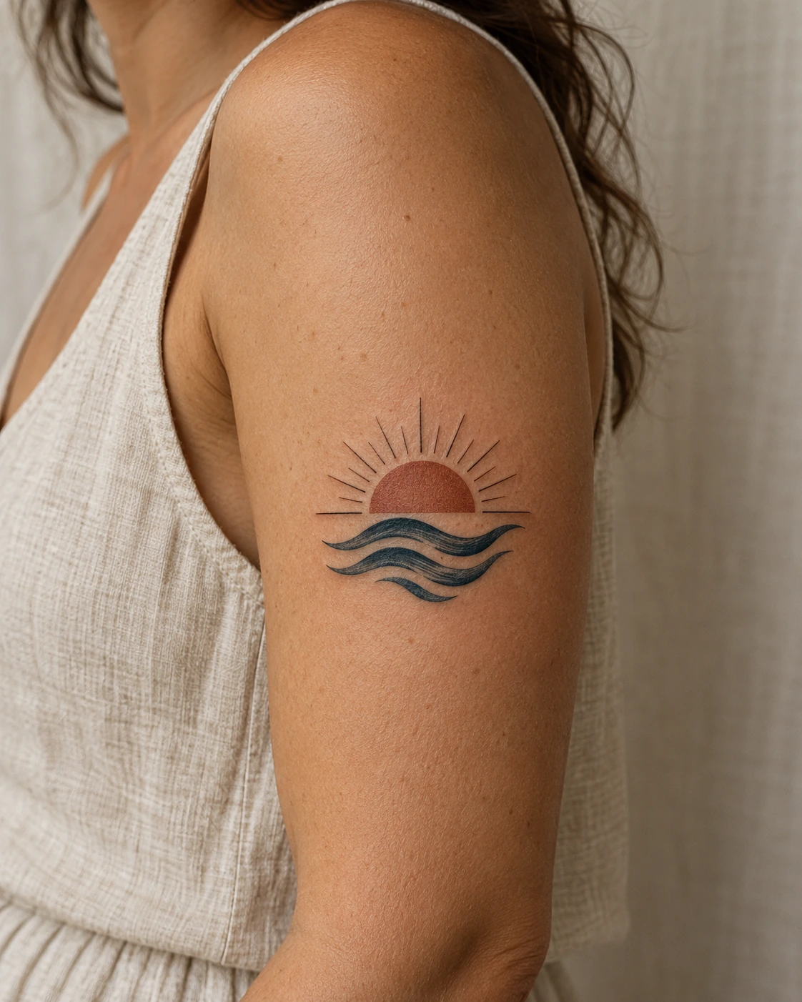 Tatouage soleil : signification du lever, des rayons et du duo avec la lune | TATOUEZ Soleil rouge ocre à demi visible au-dessus de vagues sur un bras.