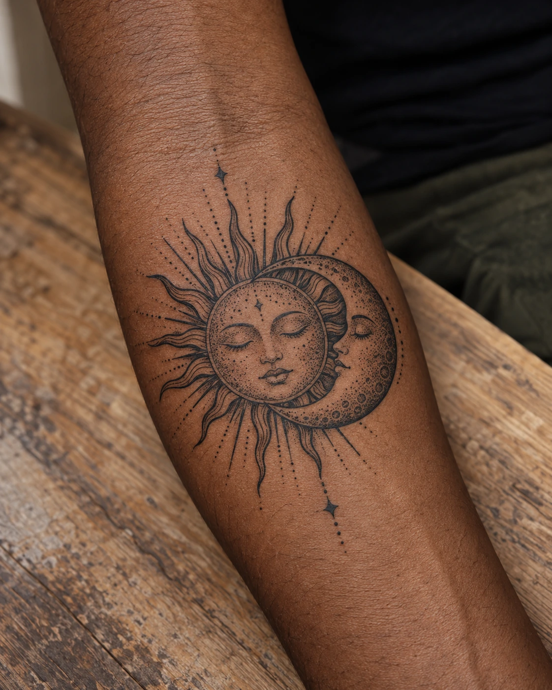 Tatouage soleil : signification du lever, des rayons et du duo avec la lune | TATOUEZ Disque solaire et croissant de lune réunis en noir sur un avant-bras.