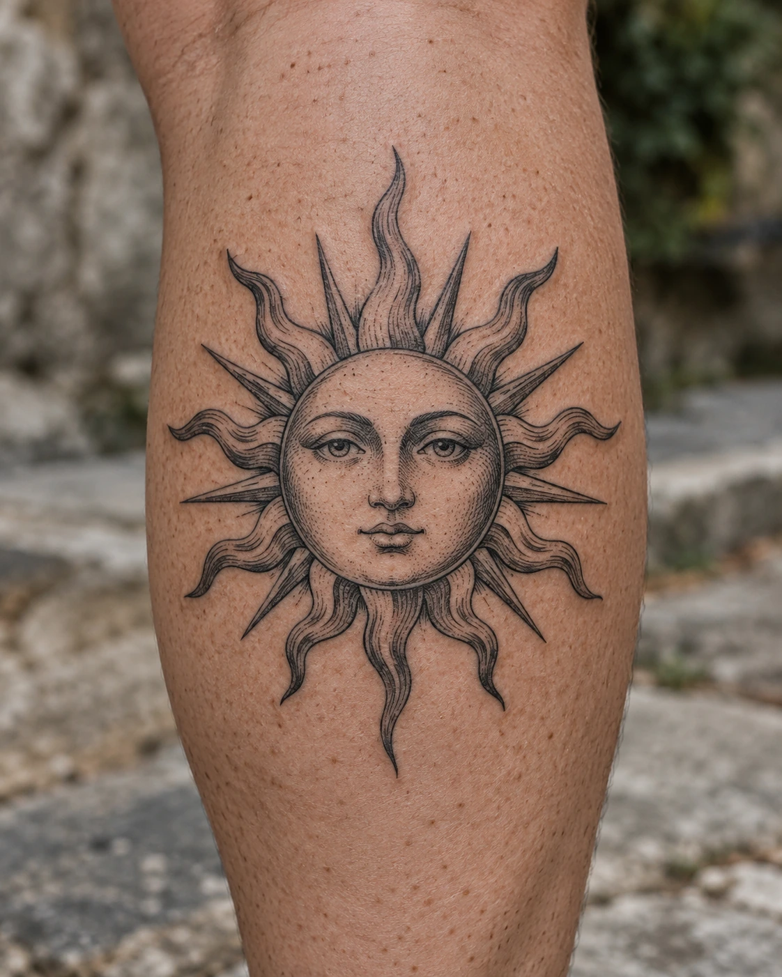 Tatouage soleil : signification du lever, des rayons et du duo avec la lune | TATOUEZ Soleil à visage central et rayons gravés sur un mollet.